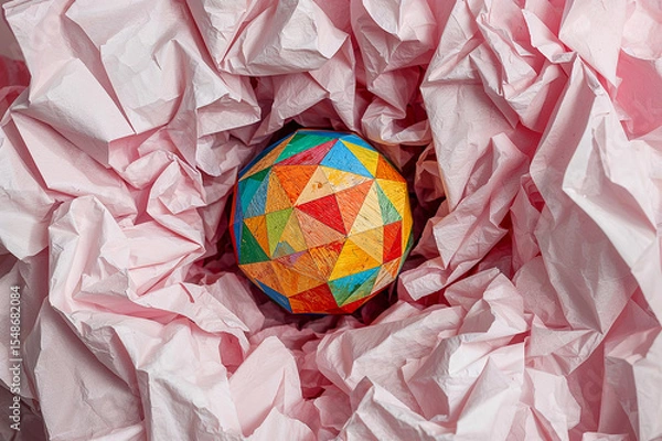 Fototapeta Vibrant geometric sphere resting on crumpled paper