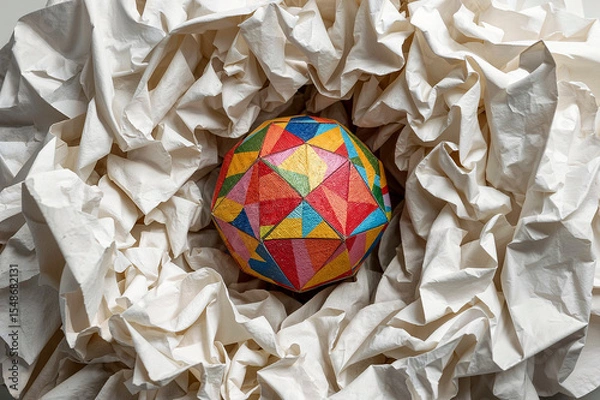 Fototapeta Vibrant geometric sphere resting on crumpled paper
