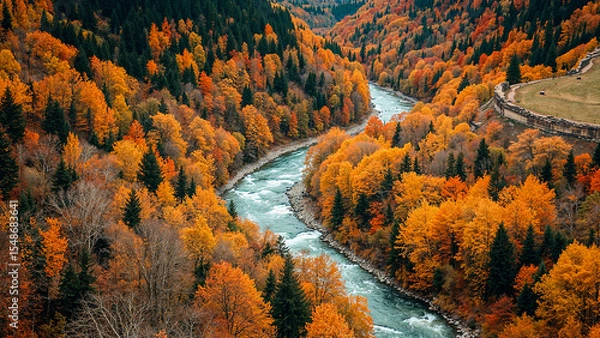 Fototapeta Vibrant layered landscape with winding river and trees