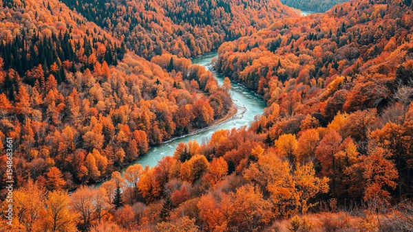 Fototapeta Vibrant layered landscape with winding river and trees