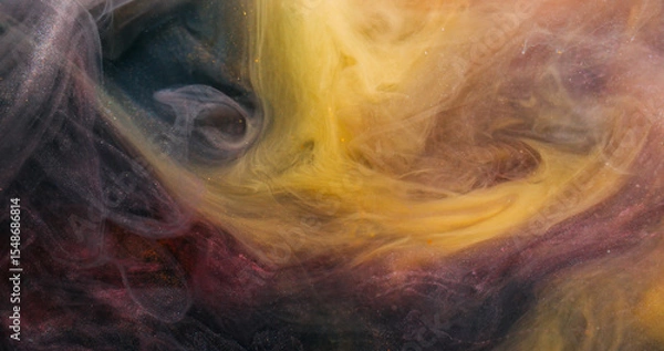 Fototapeta Smoke splash. Steam flow. Black yellow golden pigment dissolve in water. Glitter abstract ink blend grunge color cloud blur background.