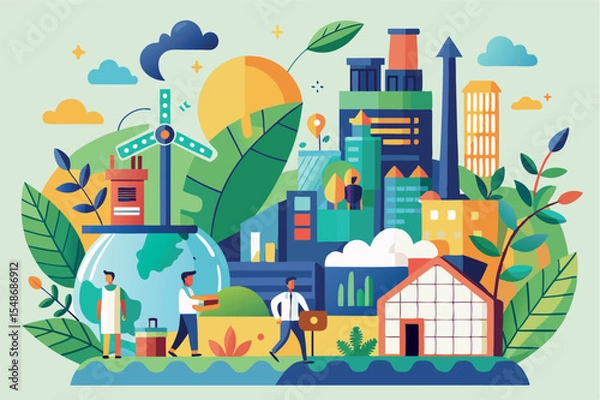 Fototapeta Eco-friendly cityscape blending nature and urban life with renewable energy sources in modern design