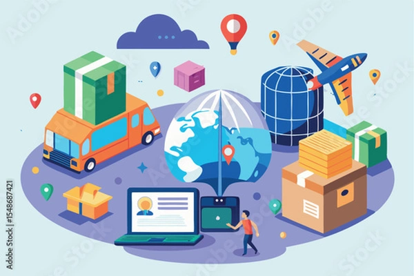 Fototapeta Global logistics and shipping concepts illustrated with trucks, planes, and packages in a modern style