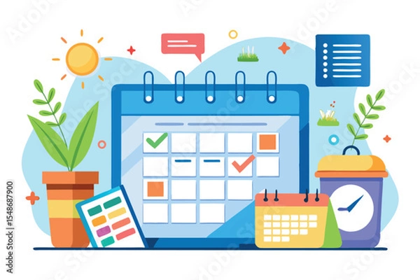 Fototapeta Organizing tasks and schedules with a colorful calendar and planning tools at home or office in bright, creative design