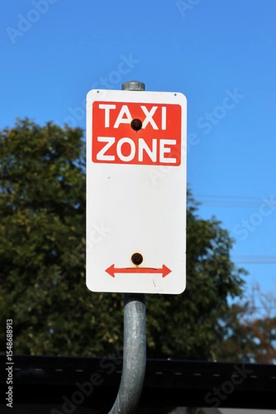 Fototapeta Taxi Zone sign mounted on a metal pole with a tree and blue sky in the background