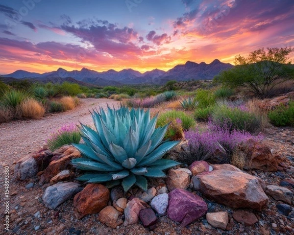 Obraz Desert sunset landscape with agave