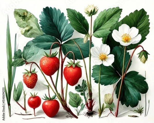 Obraz Detailed botanical illustration of strawberries and leaves