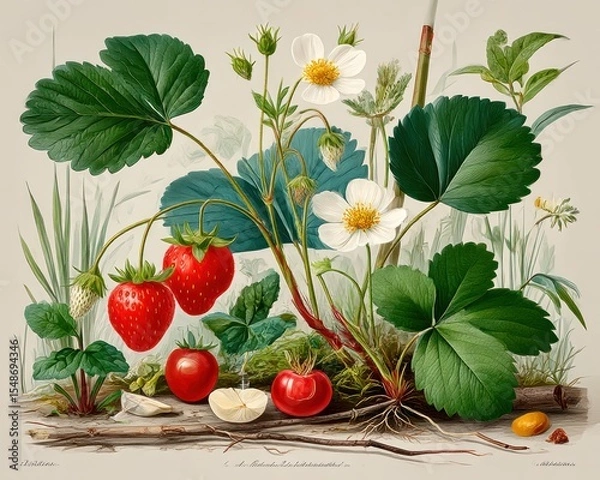 Obraz Detailed botanical illustration of strawberries
