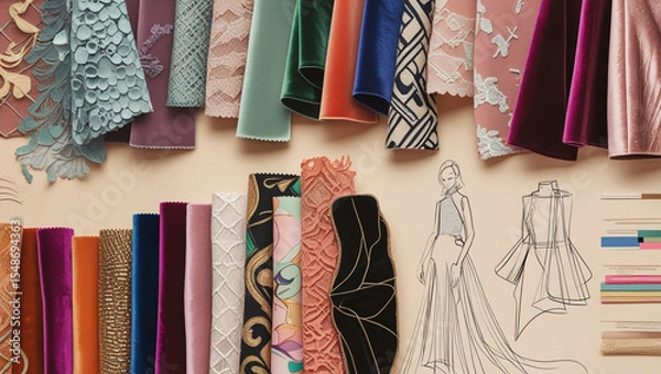 Obraz Fabric samples velvet lace textiles fashion design sketch dressmaking tailoring sewing materials couture