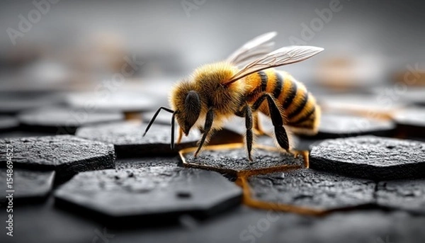 Fototapeta Detailed close-up of a honeybee on honeycomb