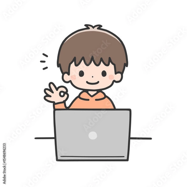 Obraz パソコンの前でOKサインをする男の子