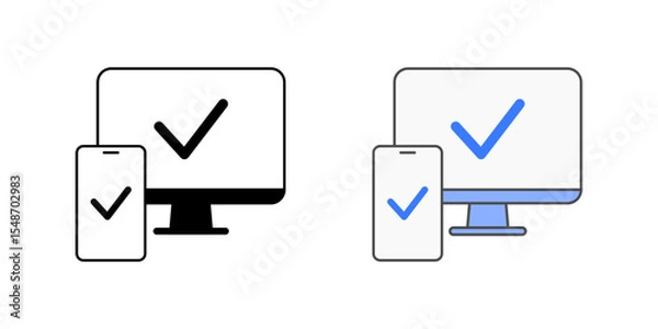 Obraz Device compatibility check icon with monitor, mobile device, and check mark, in outline and color styles, ideal for illustrating multi-device support, system compatibility testing, and IT readiness