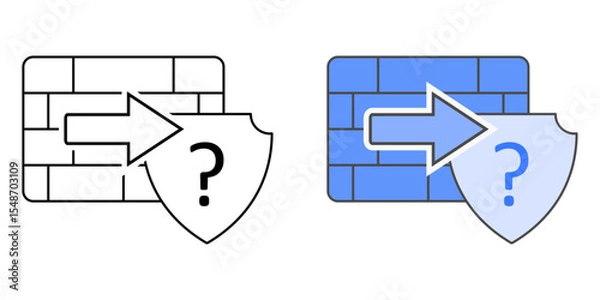 Fototapeta Firewall exception request icon with brick wall, arrow, and shield with question mark, in outline and color styles, ideal for illustrating IT security requests, access exceptions.
