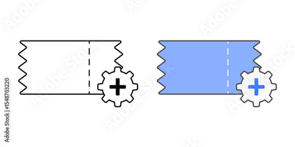 Fototapeta Helpdesk ticket creation icon with ticket shape, plus sign, and gear, in outline and color styles, ideal for illustrating IT support requests, issue reporting, and service desk workflows.