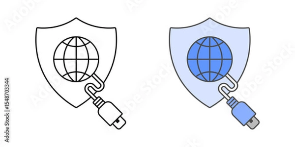 Fototapeta VPN configuration icon with shield, cable, and globe, in outline and color styles, ideal for illustrating secure remote access setup, private network configuration, and IT connectivity protection.