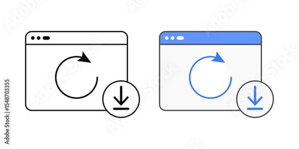 Fototapeta Software reinstallation icon with app window, circular arrow, and download symbol, in outline and color styles, ideal for illustrating IT maintenance tasks, app recovery, and system software reset