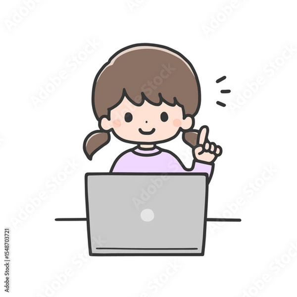 Obraz パソコンの前で指差しポーズをする女の子