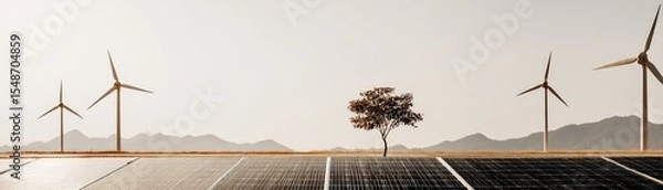 Fototapeta Solar panels and wind turbines coexist in a renewable energy landscape with a lone tree and distant mountains under a clear sky.