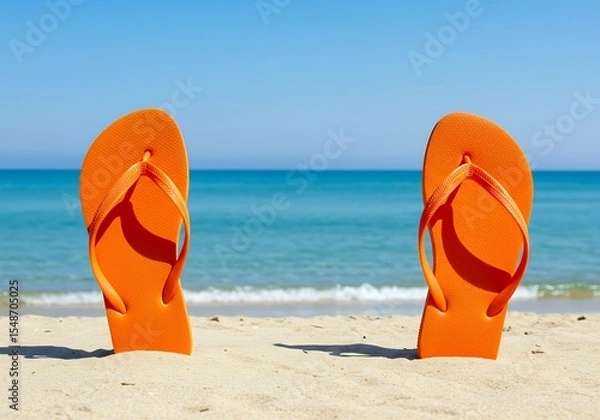 Obraz Orange flip flops on sandy beach with ocean view