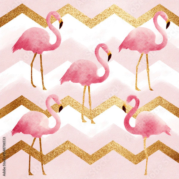 Fototapeta A pink flamingo is shown in a gold and white pattern