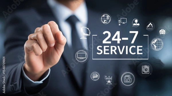 Obraz Always-On Support: Businessman Presenting 24/7 SERVICE Customer Service Solutions. Global Communication, Assistance, and Technical Support Icons