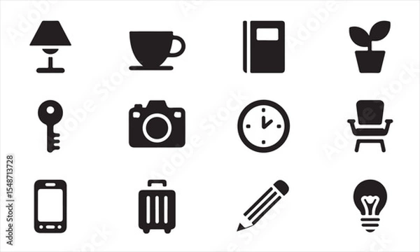 Obraz a collection of simple, black icons depicting various everyday objects, including a lamp, coffee cup, notebook, plant, key, camera, clock, chair, phone, suitcase, pencil, and lightbulb vector art on