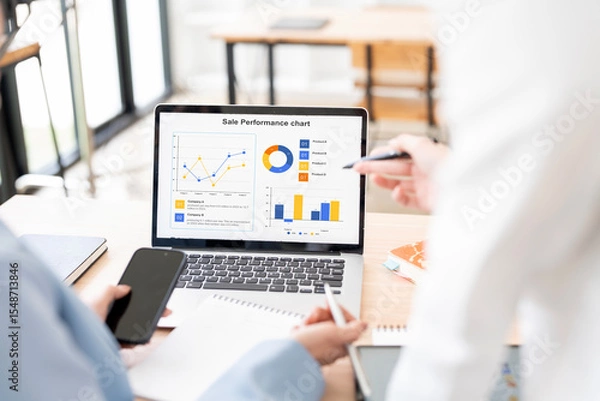 Obraz Rear view. Two Young businesswoman is sitting at table, working on laptop with graphs, charts, diagrams, schedules on screen