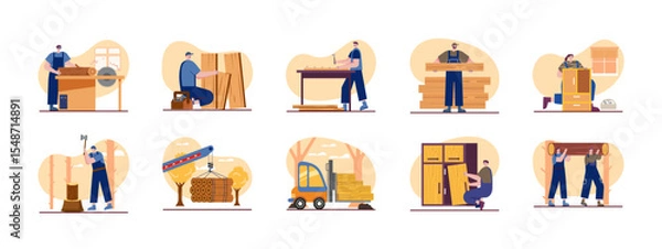 Fototapeta Woodwork illustrations set. Woodworking carpentry handcraft concept. Vector set of carpenter make furniture illustration.