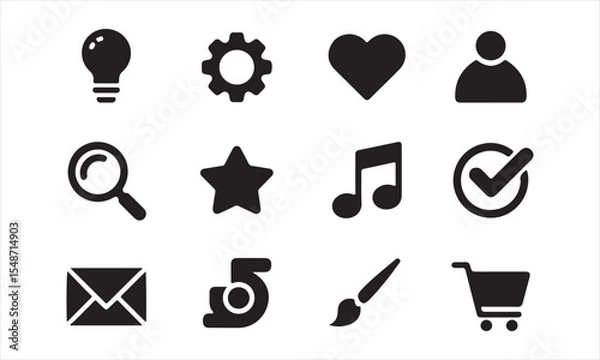 Obraz Art & IllustrationA collection of essential user interface (UI) icons, including a lightbulb, gear, heart, person, magnifying glass, star, music note, check mark, envelope, settings, paintbrush vector