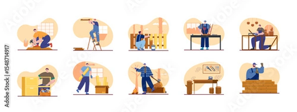 Fototapeta Woodwork illustrations set. Woodworking carpentry handcraft concept. Vector set of carpenter make furniture illustration.