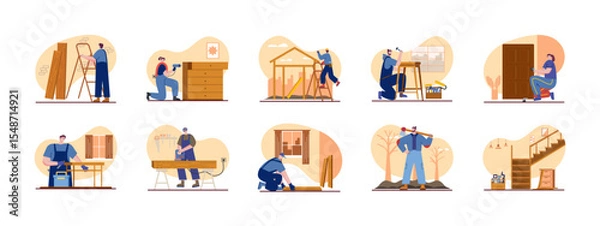 Fototapeta Woodwork illustrations set. Woodworking carpentry handcraft concept. Vector set of carpenter make furniture illustration.