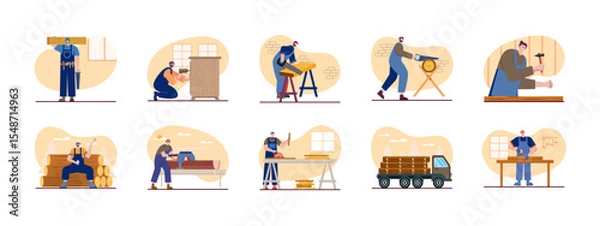Fototapeta Woodwork illustrations set. Woodworking carpentry handcraft concept. Vector set of carpenter make furniture illustration.