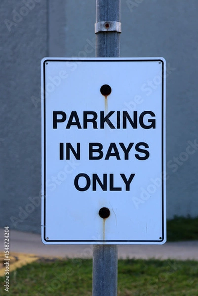 Fototapeta Parking In Bays Only sign mounted on a metal pole with green grass in the background