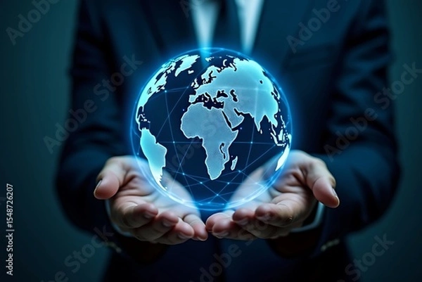 Obraz Global business network connection businessman holding world map technology concept design future 