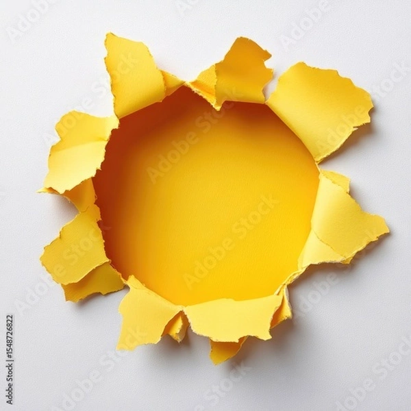 Fototapeta A circular hole torn in bright yellow paper on a white background, creating a vibrant frame.