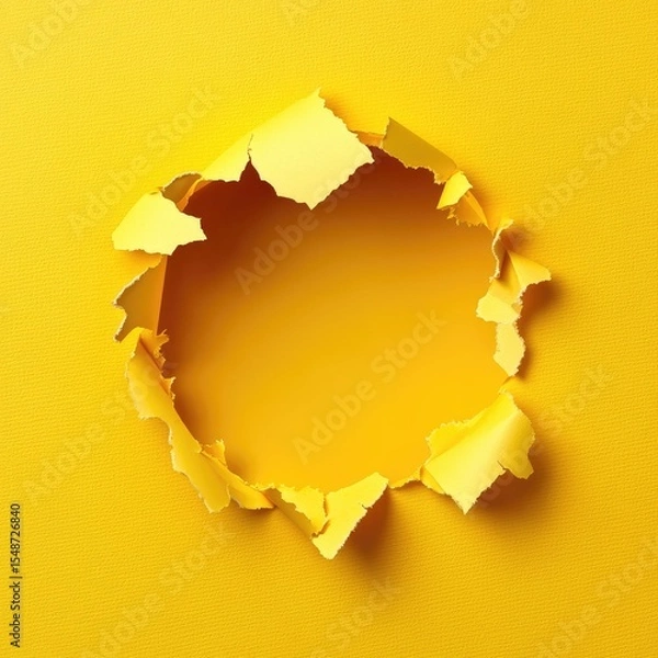 Fototapeta A circular hole torn in bright yellow textured paper, revealing a matching background.