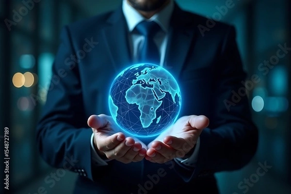 Obraz Global business technology solutions man holding digital earth globe network connection concept  