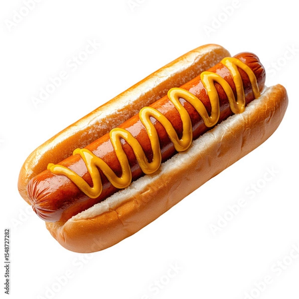 Fototapeta A delicious hot dog in a soft bun, topped with a generous squiggle of bright yellow mustard.