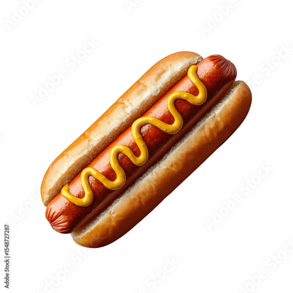 Fototapeta A delicious hot dog in a soft bun, topped with a squiggle of yellow mustard.