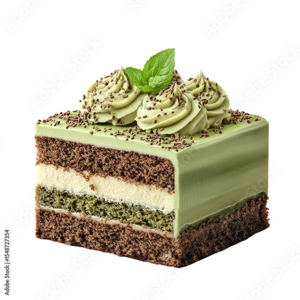 Fototapeta A delectable matcha cake slice, layered with chocolate and cream, topped with matcha frosting and chocolate sprinkles.