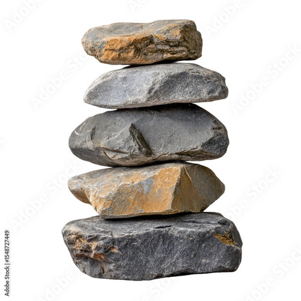 Fototapeta A stack of five irregularly shaped stones, balanced precariously, showcasing various textures and colors.