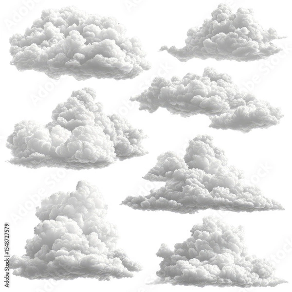 Fototapeta Collection of eight realistic cumulus clouds, isolated on black background.  Ideal for design or compositing.