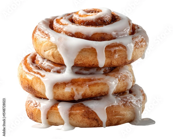 Fototapeta Stack of freshly baked cinnamon rolls with icing isolated on transparent background