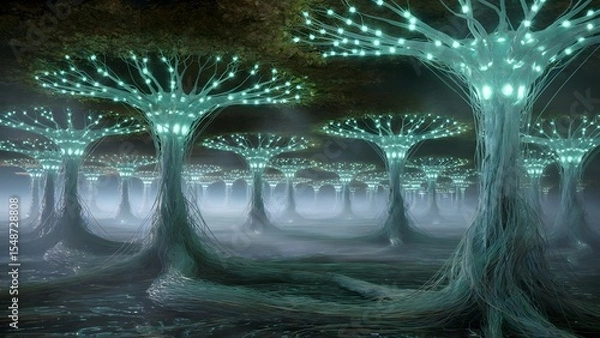 Fototapeta Neural network growth forest with organic synaptic tree structures expanding in digital soil