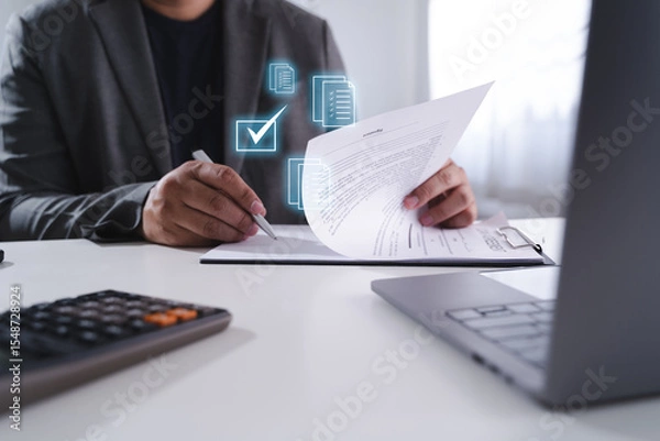 Obraz Approved the survey form checklist person reviewing documents desk with digital icons of checkmarks and files floating above, indicating digital