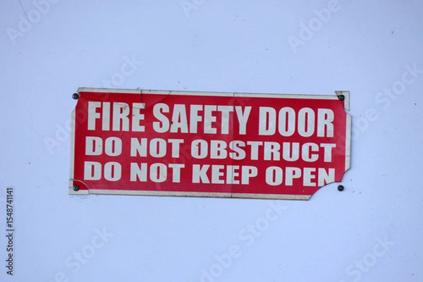 Fototapeta Fire Safety Door - Do No Obstruct - Do Not Keep Open sign mounted on a white door