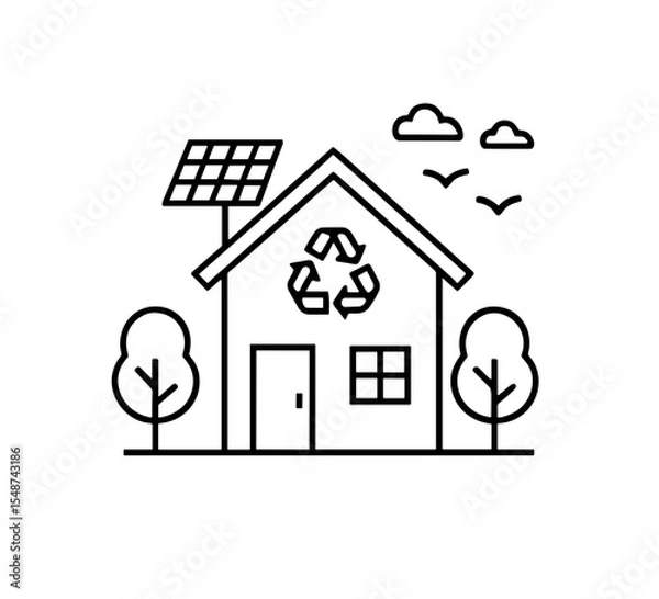 Obraz Line drawing of a house with solar panel, recycle symbol, trees, and birds in the sky above it all