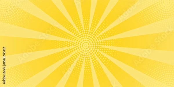 Fototapeta Yellow abstract background with light of sunburst. yellow starburst with halftone. sun ray retro background with flash