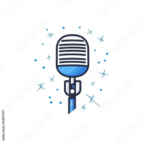 Fototapeta Retro microphone illustration surrounded by sparkling stars on a white background, perfect for music and performance themes