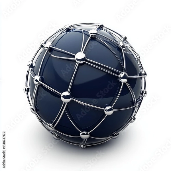 Fototapeta Dark Blue Sphere with Metallic Wireframe Design Featuring Nodes for Abstract Background and Creative Concept Applications